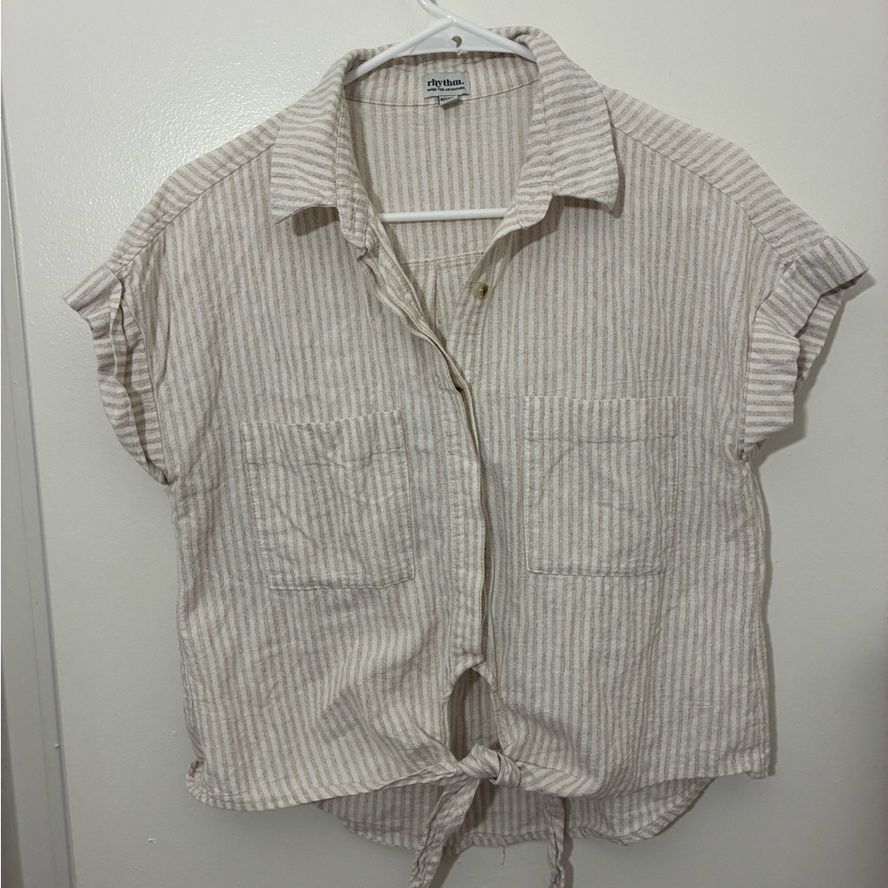 Rhythm. Cream Striped Tie-Front Button-Up Top Size M